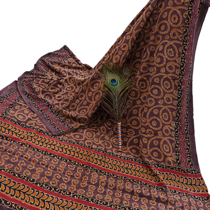 Indian Vintage Sari Brown Pure Crepe Silk Hand Embroidered Kantha Saree 5yd Craft Fabric Sewing Floral Soft Dress making Crafting