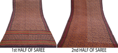 Indian Vintage Sari Brown Pure Crepe Silk Hand Embroidered Kantha Saree 5yd Craft Fabric Sewing Floral Soft Dress making Crafting