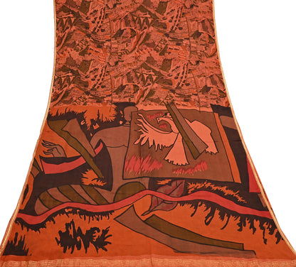 Indian Vintage Sari Orange 100% Pure Silk Printed Sarees 5yd Sewing Craft Fabric Zari Dress Making Soft Wrap Quilting Used Crafting Upcycle