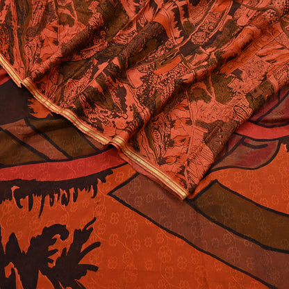 Indian Vintage Sari Orange 100% Pure Silk Printed Sarees 5yd Sewing Craft Fabric Zari Dress Making Soft Wrap Quilting Used Crafting Upcycle