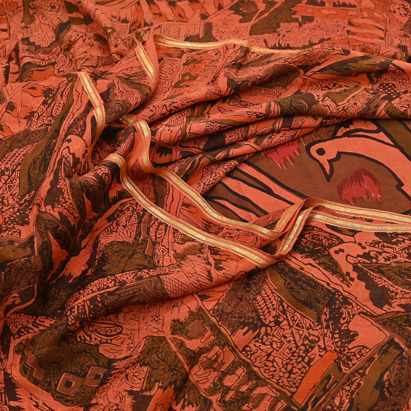 Indian Vintage Sari Orange 100% Pure Silk Printed Sarees 5yd Sewing Craft Fabric Zari Dress Making Soft Wrap Quilting Used Crafting Upcycle