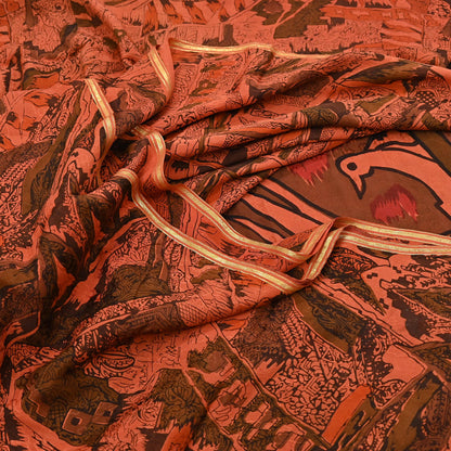 Indian Vintage Sari Orange 100% Pure Silk Printed Sarees 5yd Sewing Craft Fabric Zari Dress Making Soft Wrap Quilting Used Crafting Upcycle