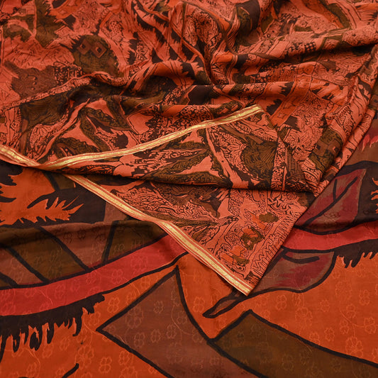 Indian Vintage Sari Orange 100% Pure Silk Printed Sarees 5yd Sewing Craft Fabric Zari Dress Making Soft Wrap Quilting Used Crafting Upcycle