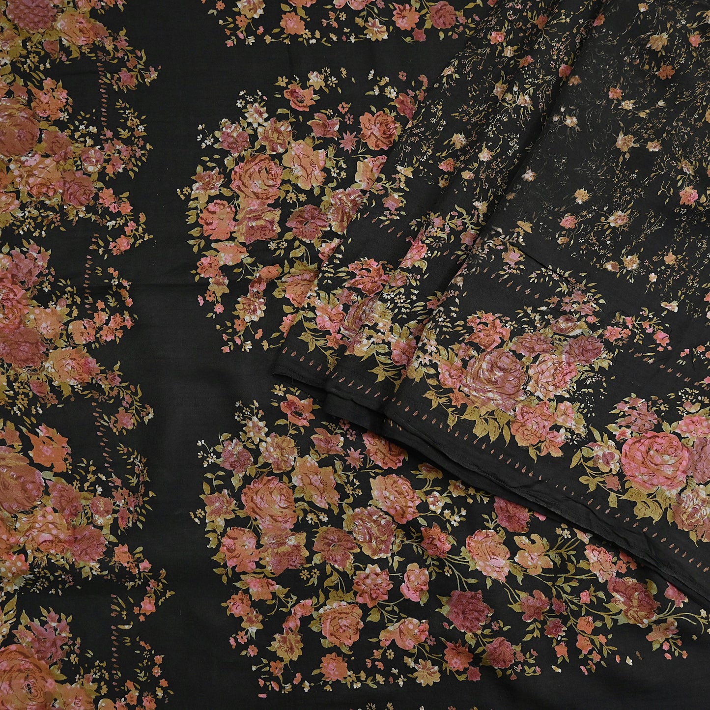 Indian Vintage Sari Black Printed Pure Silk Sarees Craft Fabric 5yd Sewing Floral Soft Dress Designing  for Crafting Quilting Upcycle Wrap
