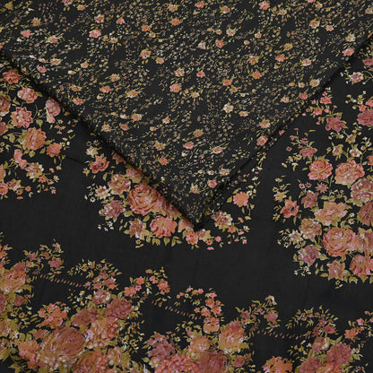 Indian Vintage Sari Black Printed Pure Silk Sarees Craft Fabric 5yd Sewing Floral Soft Dress Designing  for Crafting Quilting Upcycle Wrap