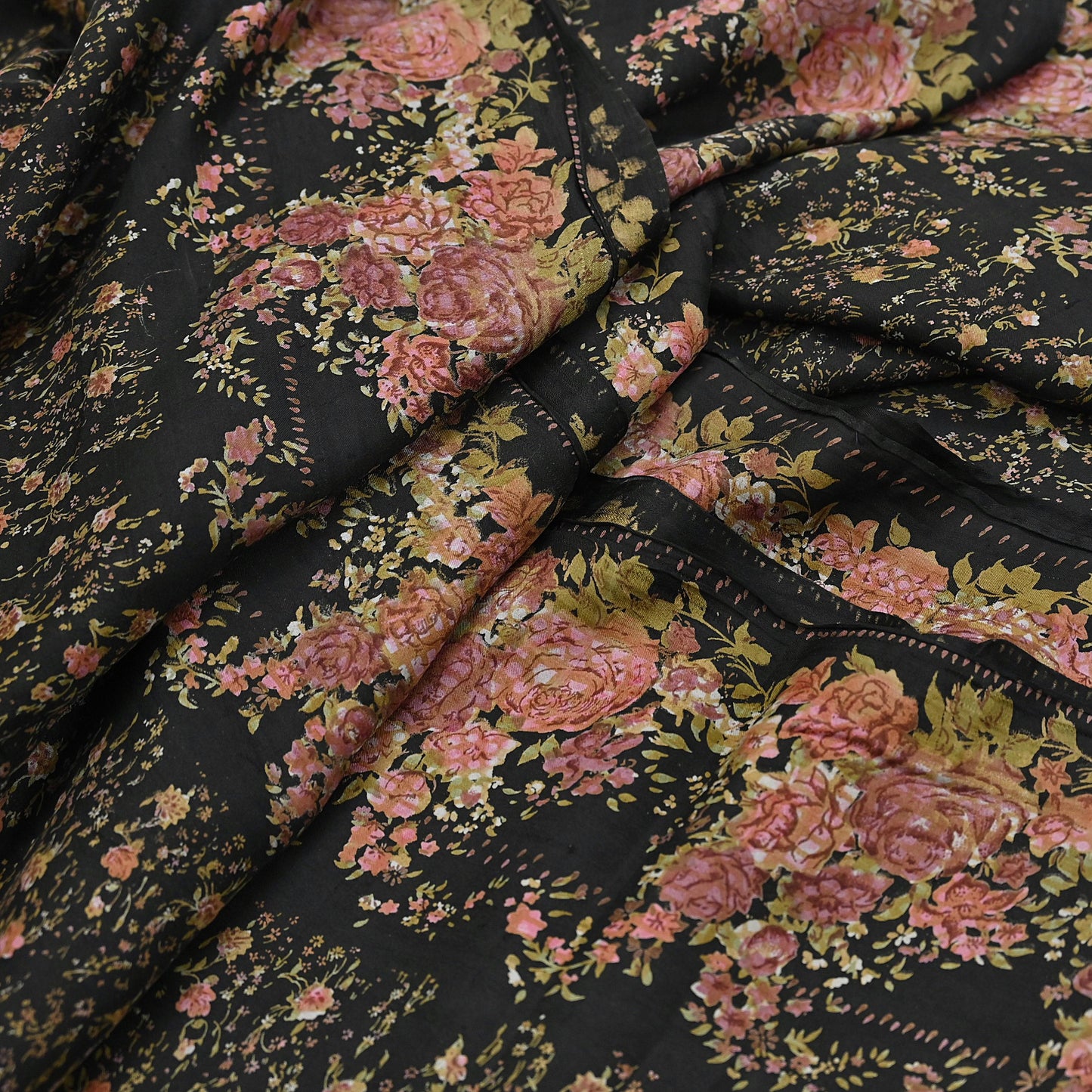 Indian Vintage Sari Black Printed Pure Silk Sarees Craft Fabric 5yd Sewing Floral Soft Dress Designing  for Crafting Quilting Upcycle Wrap