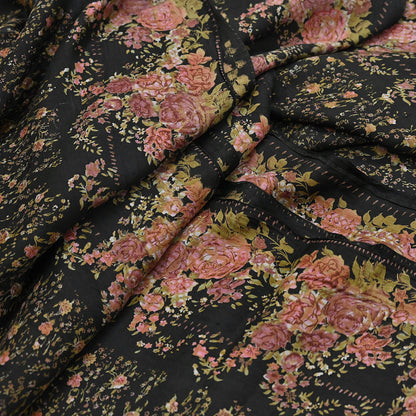 Indian Vintage Sari Black Printed Pure Silk Sarees Craft Fabric 5yd Sewing Floral Soft Dress Designing  for Crafting Quilting Upcycle Wrap