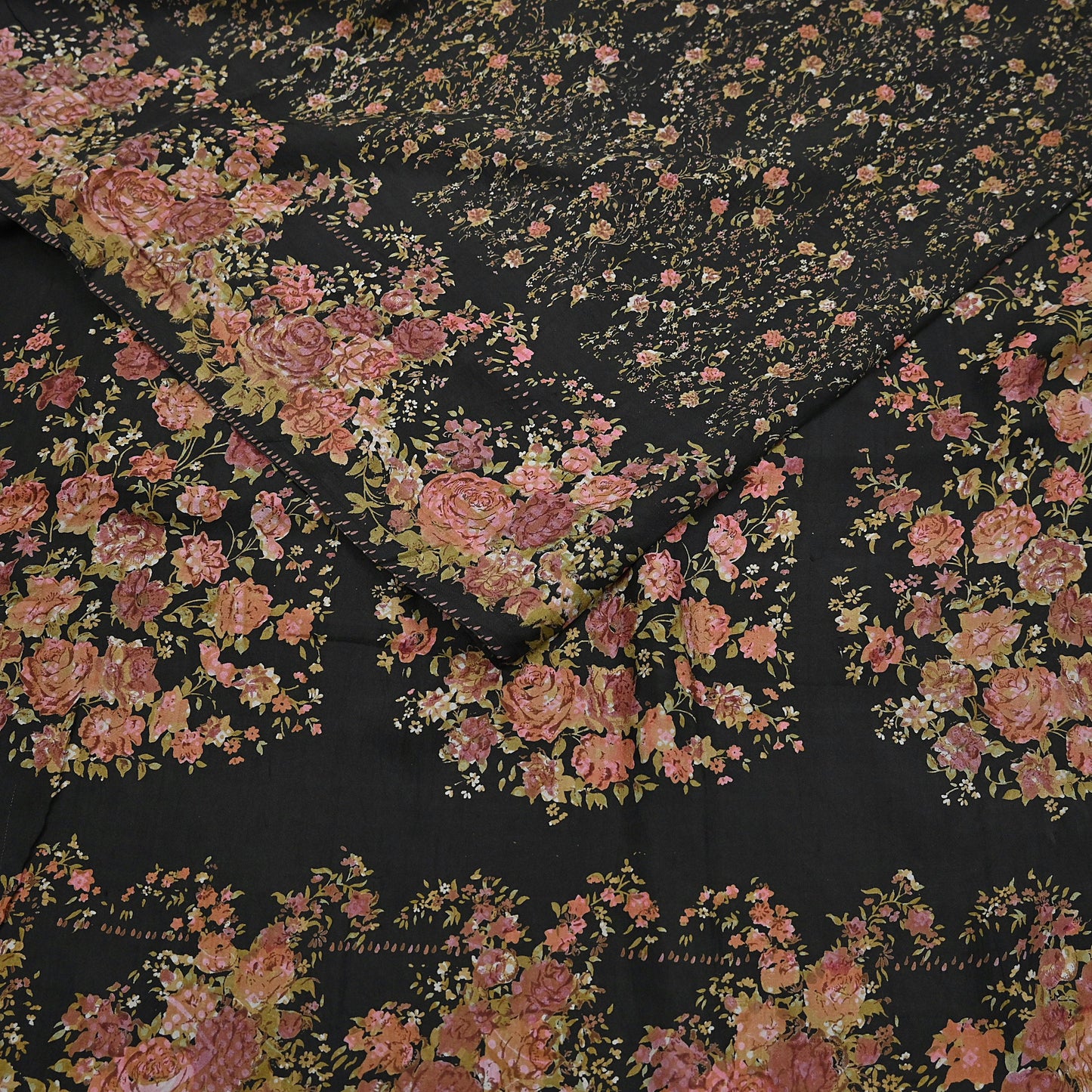 Indian Vintage Sari Black Printed Pure Silk Sarees Craft Fabric 5yd Sewing Floral Soft Dress Designing  for Crafting Quilting Upcycle Wrap