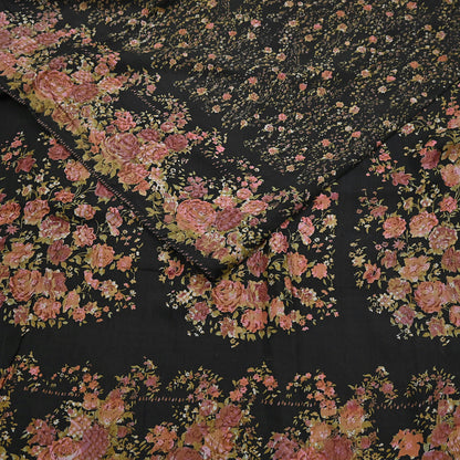 Indian Vintage Sari Black Printed Pure Silk Sarees Craft Fabric 5yd Sewing Floral Soft Dress Designing  for Crafting Quilting Upcycle Wrap