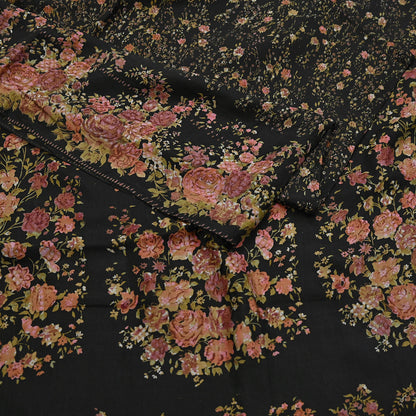 Indian Vintage Sari Black Printed Pure Silk Sarees Craft Fabric 5yd Sewing Floral Soft Dress Designing  for Crafting Quilting Upcycle Wrap