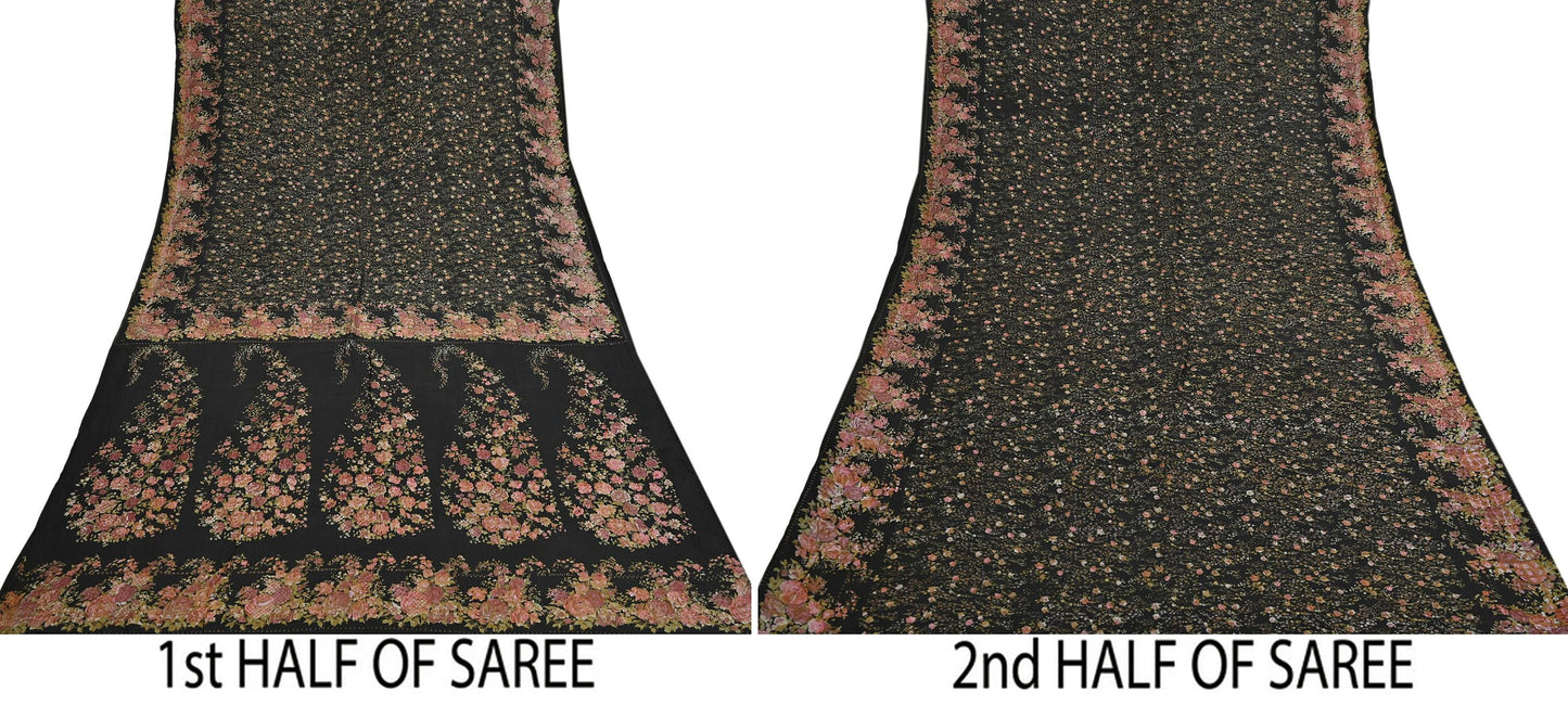 Indian Vintage Sari Black Printed Pure Silk Sarees Craft Fabric 5yd Sewing Floral Soft Dress Designing  for Crafting Quilting Upcycle Wrap
