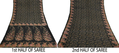 Indian Vintage Sari Black Printed Pure Silk Sarees Craft Fabric 5yd Sewing Floral Soft Dress Designing  for Crafting Quilting Upcycle Wrap