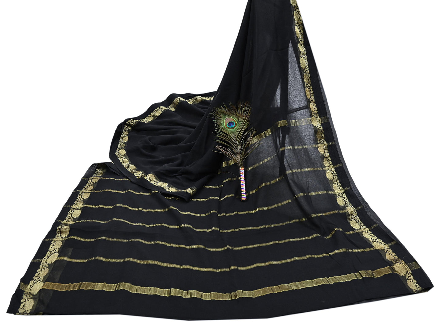 Indian Vintage Sari Black Pure Georgette Silk Hand Woven Zari Sarees 5Yd Craft Fabric Ethnic Soft Upcycle Quilting Bollywood sarees