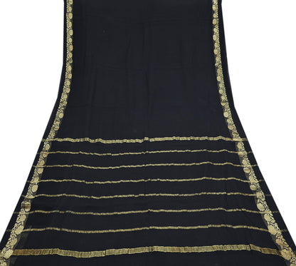 Indian Vintage Sari Black Pure Georgette Silk Hand Woven Zari Sarees 5Yd Craft Fabric Ethnic Soft Upcycle Quilting Bollywood sarees
