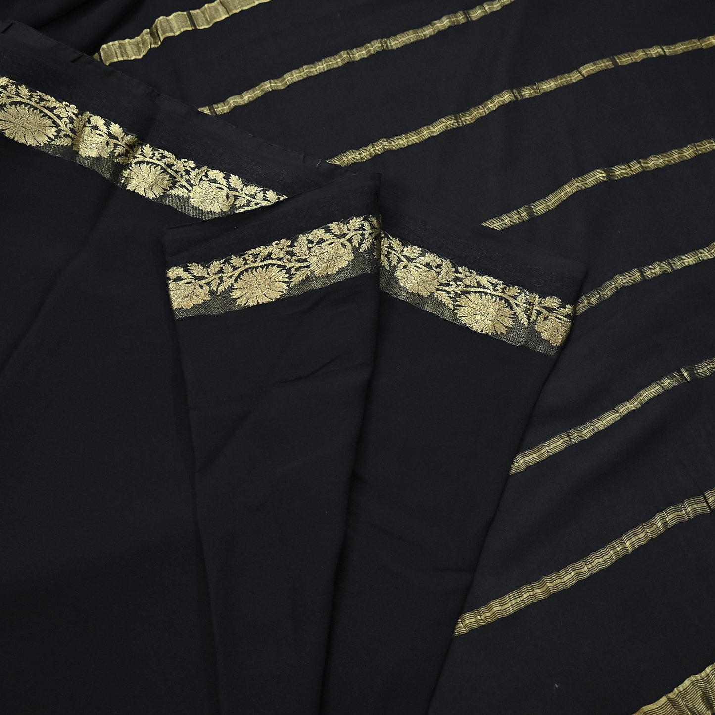 Indian Vintage Sari Black Pure Georgette Silk Hand Woven Zari Sarees 5Yd Craft Fabric Ethnic Soft Upcycle Quilting Bollywood sarees