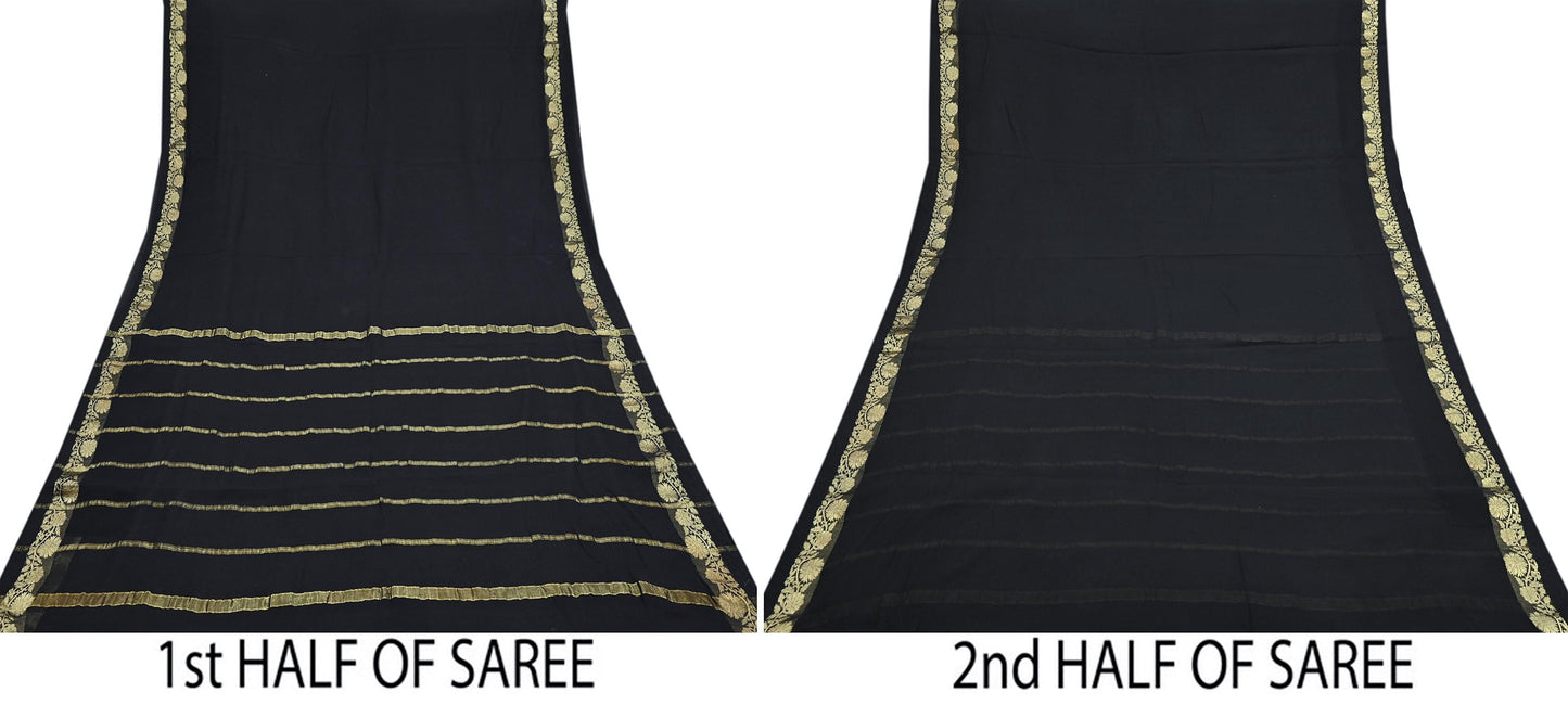 Indian Vintage Sari Black Pure Georgette Silk Hand Woven Zari Sarees 5Yd Craft Fabric Ethnic Soft Upcycle Quilting Bollywood sarees