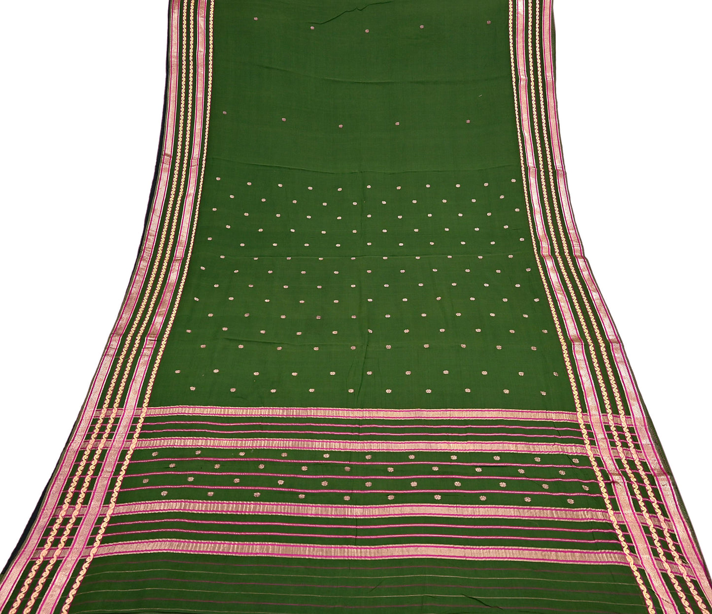 Vintage Sari Green Pure Cotton Hand Woven Sarees Craft Fabric Zari 5Yd Sewing Soft Crafting Dress making Upcycle Quilting Zigzag