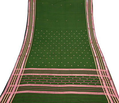 Vintage Sari Green Pure Cotton Hand Woven Sarees Craft Fabric Zari 5Yd Sewing Soft Crafting Dress making Upcycle Quilting Zigzag