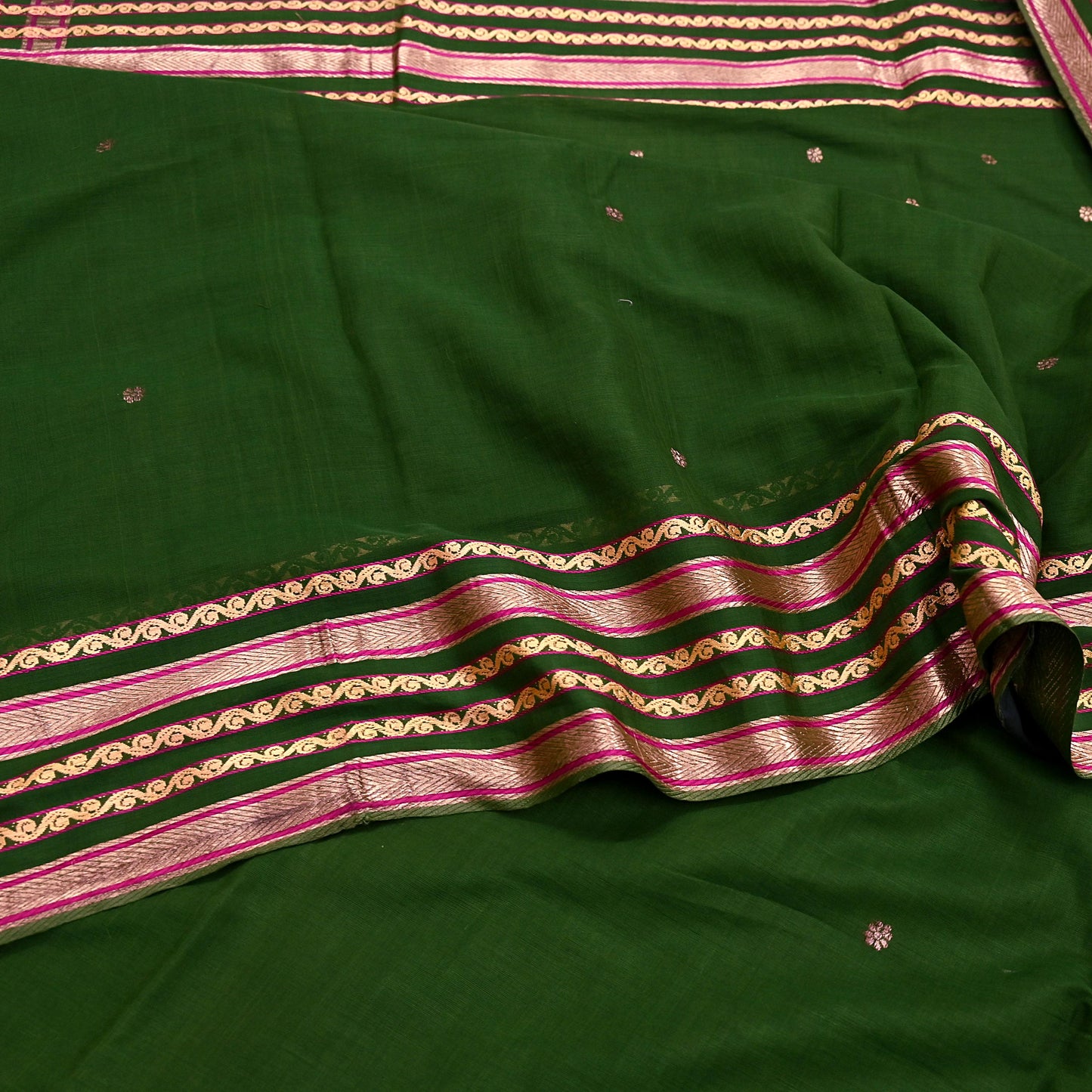 Vintage Sari Green Pure Cotton Hand Woven Sarees Craft Fabric Zari 5Yd Sewing Soft Crafting Dress making Upcycle Quilting Zigzag
