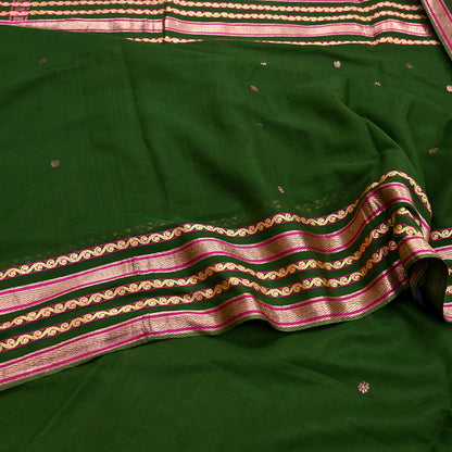 Vintage Sari Green Pure Cotton Hand Woven Sarees Craft Fabric Zari 5Yd Sewing Soft Crafting Dress making Upcycle Quilting Zigzag