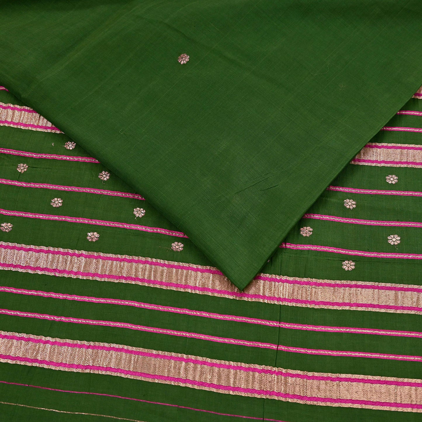 Vintage Sari Green Pure Cotton Hand Woven Sarees Craft Fabric Zari 5Yd Sewing Soft Crafting Dress making Upcycle Quilting Zigzag