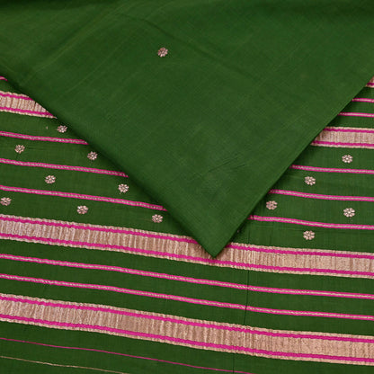 Vintage Sari Green Pure Cotton Hand Woven Sarees Craft Fabric Zari 5Yd Sewing Soft Crafting Dress making Upcycle Quilting Zigzag