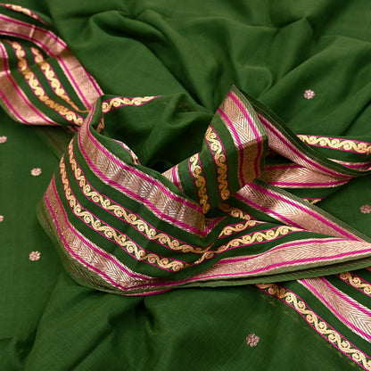 Vintage Sari Green Pure Cotton Hand Woven Sarees Craft Fabric Zari 5Yd Sewing Soft Crafting Dress making Upcycle Quilting Zigzag