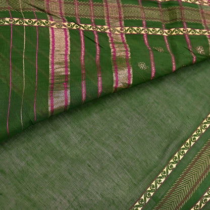 Vintage Sari Green Pure Cotton Hand Woven Sarees Craft Fabric Zari 5Yd Sewing Soft Crafting Dress making Upcycle Quilting Zigzag