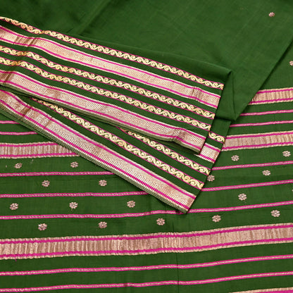 Vintage Sari Green Pure Cotton Hand Woven Sarees Craft Fabric Zari 5Yd Sewing Soft Crafting Dress making Upcycle Quilting Zigzag