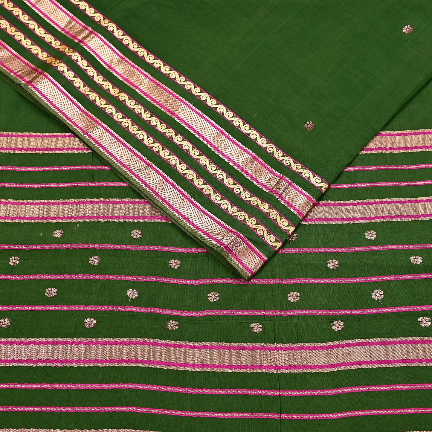 Vintage Sari Green Pure Cotton Hand Woven Sarees Craft Fabric Zari 5Yd Sewing Soft Crafting Dress making Upcycle Quilting Zigzag