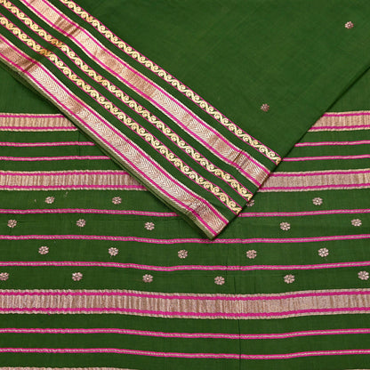 Vintage Sari Green Pure Cotton Hand Woven Sarees Craft Fabric Zari 5Yd Sewing Soft Crafting Dress making Upcycle Quilting Zigzag