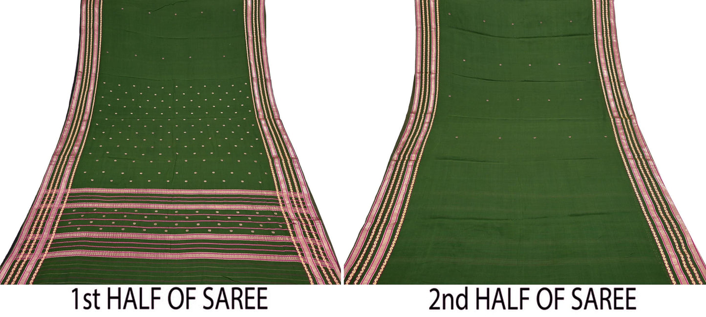 Vintage Sari Green Pure Cotton Hand Woven Sarees Craft Fabric Zari 5Yd Sewing Soft Crafting Dress making Upcycle Quilting Zigzag