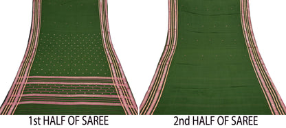 Vintage Sari Green Pure Cotton Hand Woven Sarees Craft Fabric Zari 5Yd Sewing Soft Crafting Dress making Upcycle Quilting Zigzag
