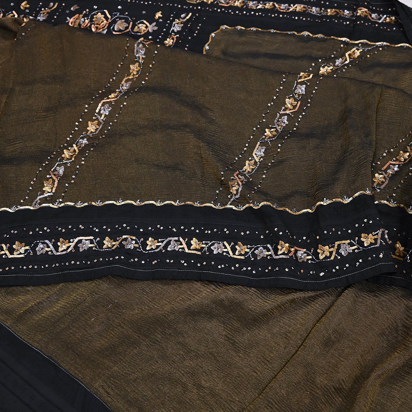 Indian Vintage Heavy Sarees Black Pure Silk Hand Embroidered Sari Fabric 5Yd Sewing Ethnic Sequins, Glass Beaded Wedding sarees