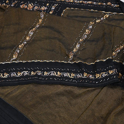 Indian Vintage Heavy Sarees Black Pure Silk Hand Embroidered Sari Fabric 5Yd Sewing Ethnic Sequins, Glass Beaded Wedding sarees