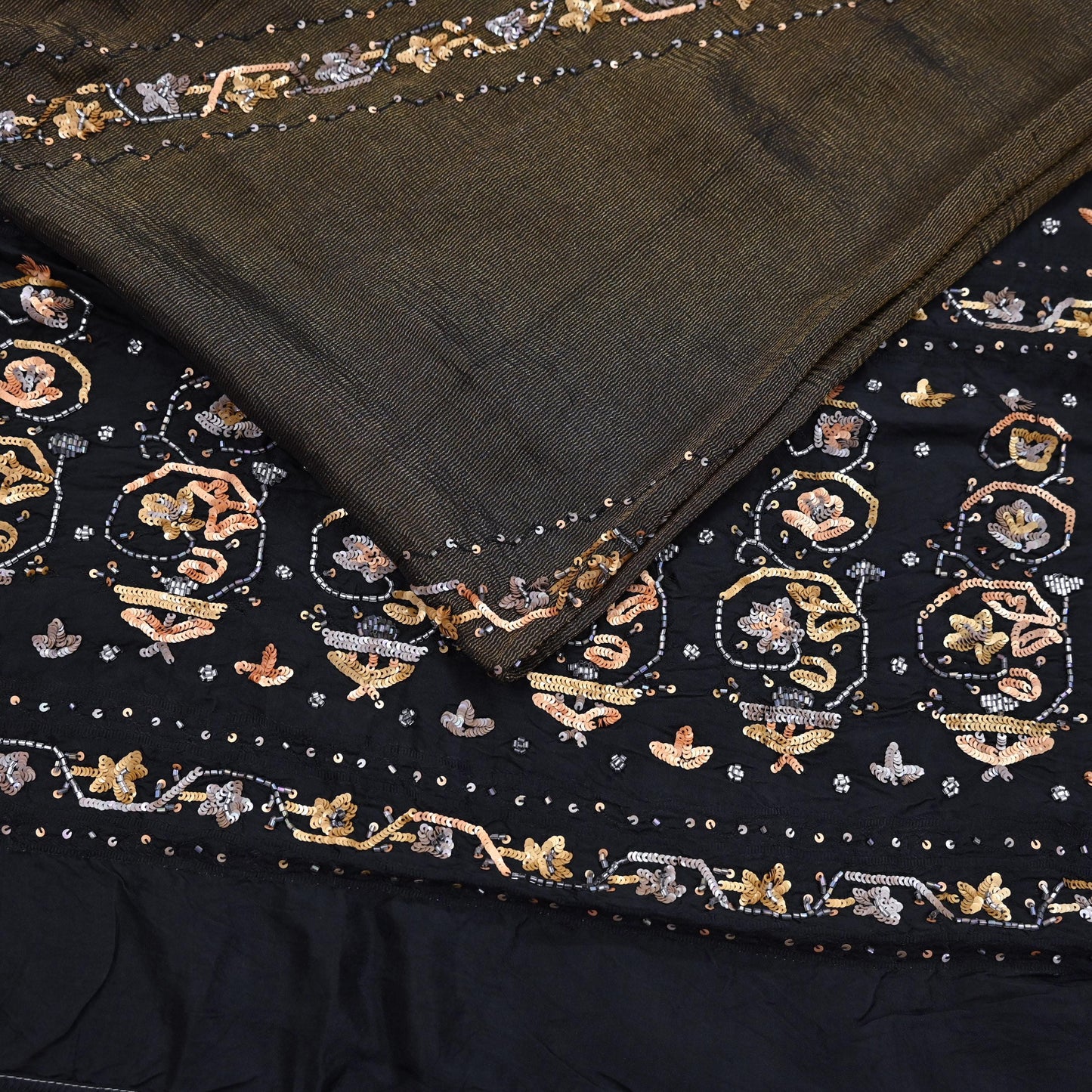 Indian Vintage Heavy Sarees Black Pure Silk Hand Embroidered Sari Fabric 5Yd Sewing Ethnic Sequins, Glass Beaded Wedding sarees