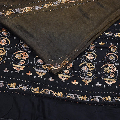 Indian Vintage Heavy Sarees Black Pure Silk Hand Embroidered Sari Fabric 5Yd Sewing Ethnic Sequins, Glass Beaded Wedding sarees