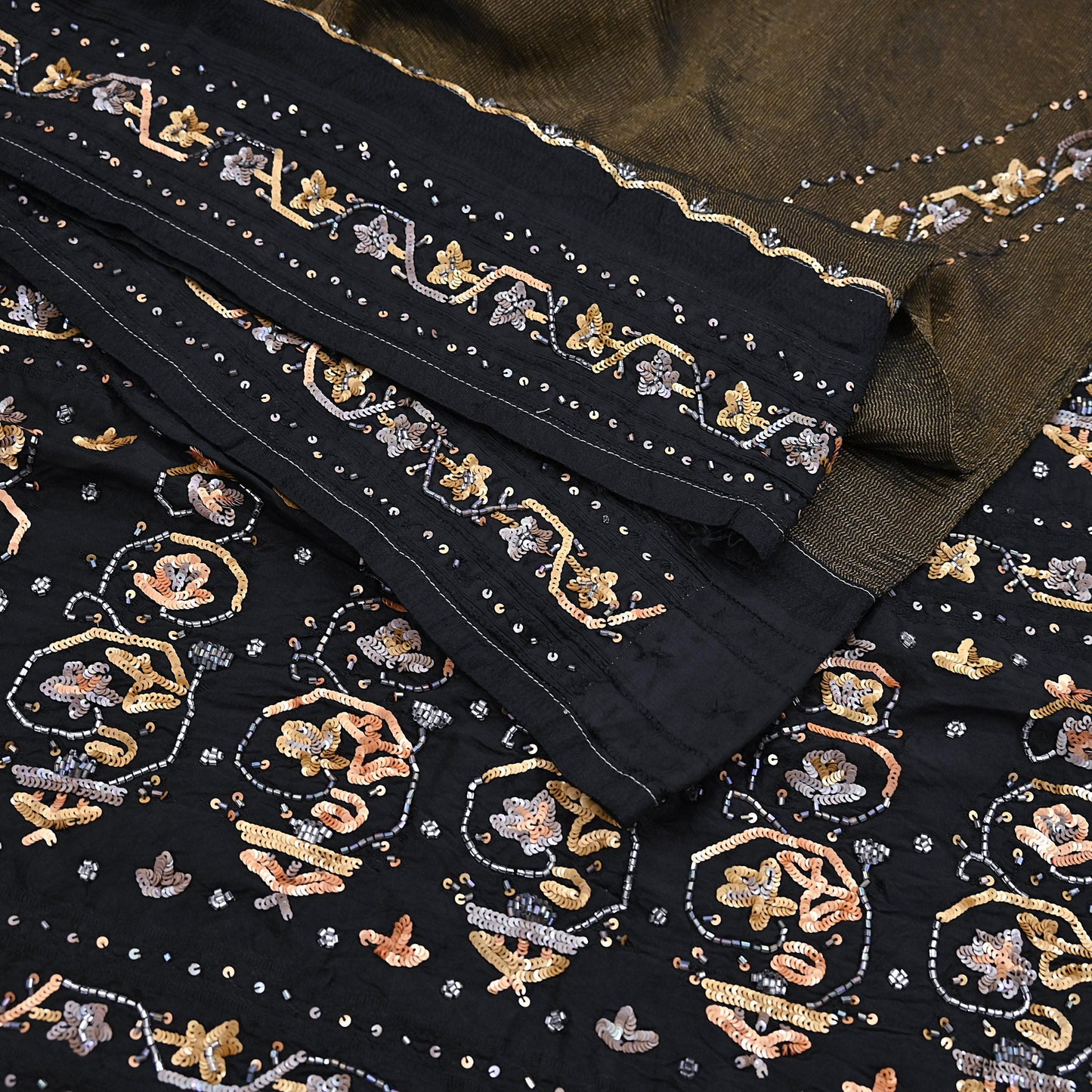 Indian Vintage Heavy Sarees Black Pure Silk Hand Embroidered Sari Fabric 5Yd Sewing Ethnic Sequins, Glass Beaded Wedding sarees