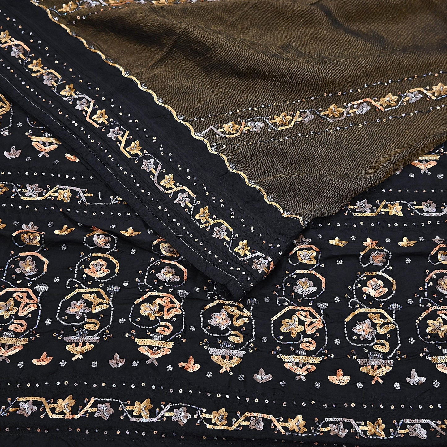Indian Vintage Heavy Sarees Black Pure Silk Hand Embroidered Sari Fabric 5Yd Sewing Ethnic Sequins, Glass Beaded Wedding sarees