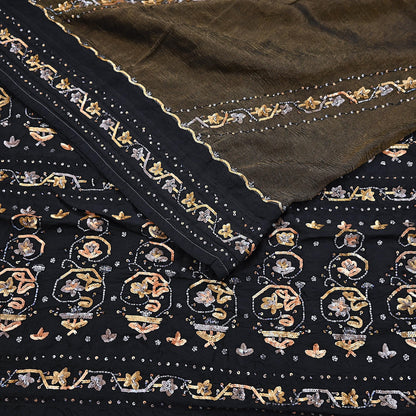 Indian Vintage Heavy Sarees Black Pure Silk Hand Embroidered Sari Fabric 5Yd Sewing Ethnic Sequins, Glass Beaded Wedding sarees