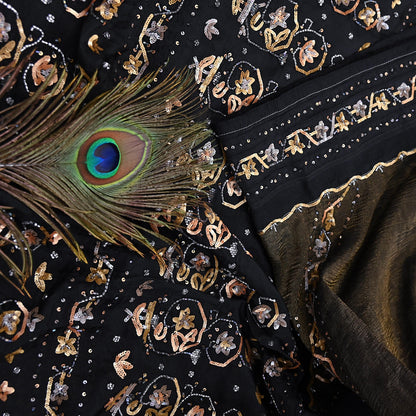 Indian Vintage Heavy Sarees Black Pure Silk Hand Embroidered Sari Fabric 5Yd Sewing Ethnic Sequins, Glass Beaded Wedding sarees