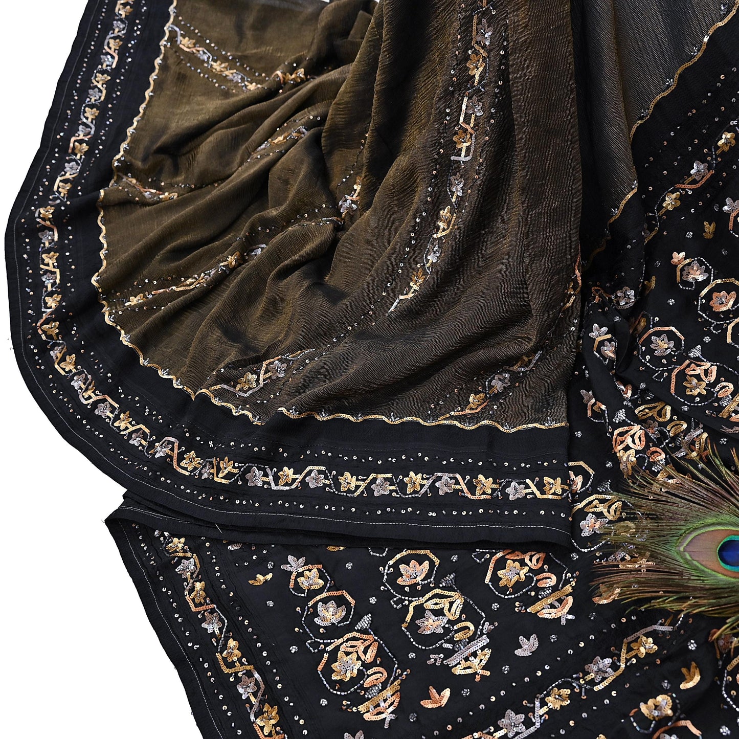 Indian Vintage Heavy Sarees Black Pure Silk Hand Embroidered Sari Fabric 5Yd Sewing Ethnic Sequins, Glass Beaded Wedding sarees
