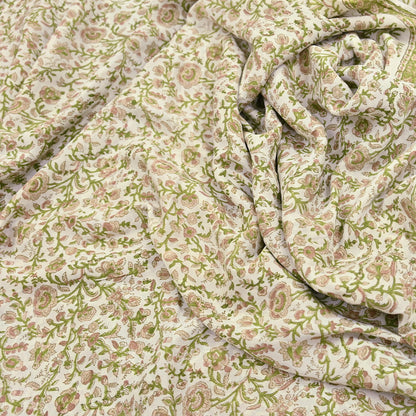 Indian Vintage Ivory & Green Saree Pure Silk Printed Sari 6yd Sewing Craft Fabric Dress Making Soft Crafting Quilting Quilting Upcycle