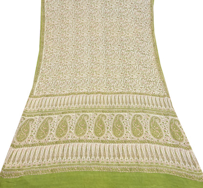 Indian Vintage Ivory & Green Saree Pure Silk Printed Sari 6yd Sewing Craft Fabric Dress Making Soft Crafting Quilting Quilting Upcycle