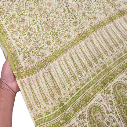 Indian Vintage Ivory & Green Saree Pure Silk Printed Sari 6yd Sewing Craft Fabric Dress Making Soft Crafting Quilting Quilting Upcycle