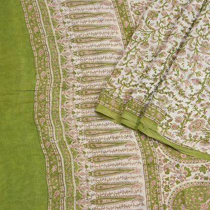 Indian Vintage Ivory & Green Saree Pure Silk Printed Sari 6yd Sewing Craft Fabric Dress Making Soft Crafting Quilting Quilting Upcycle