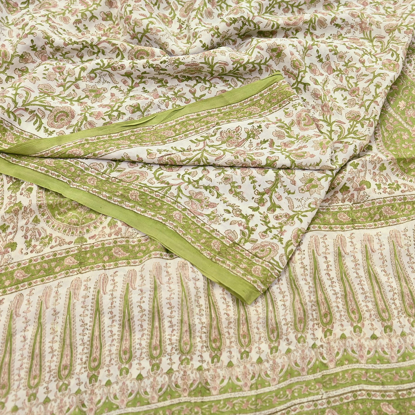 Indian Vintage Ivory & Green Saree Pure Silk Printed Sari 6yd Sewing Craft Fabric Dress Making Soft Crafting Quilting Quilting Upcycle