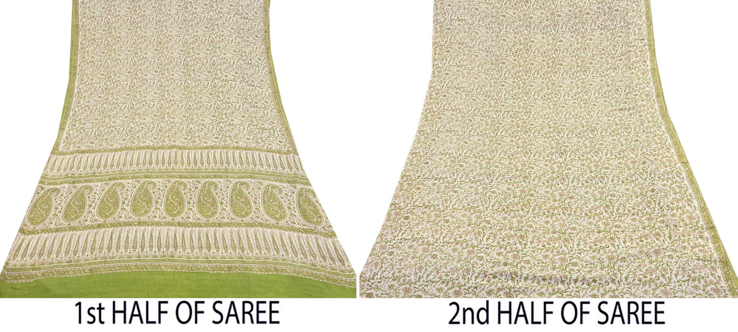 Indian Vintage Ivory & Green Saree Pure Silk Printed Sari 6yd Sewing Craft Fabric Dress Making Soft Crafting Quilting Quilting Upcycle