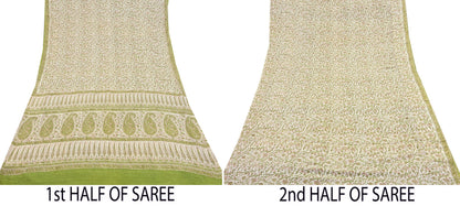 Indian Vintage Ivory & Green Saree Pure Silk Printed Sari 6yd Sewing Craft Fabric Dress Making Soft Crafting Quilting Quilting Upcycle