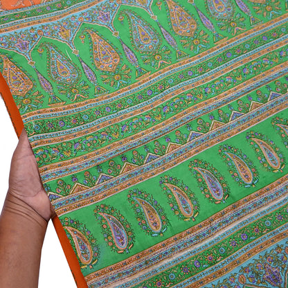 Indian Vintage Sari Orange & Green 100% Pure Silk Printed Saree Craft Fabric 5yd Sewing Dress Making Wrap Paisley Quilting Crafting Upcycle